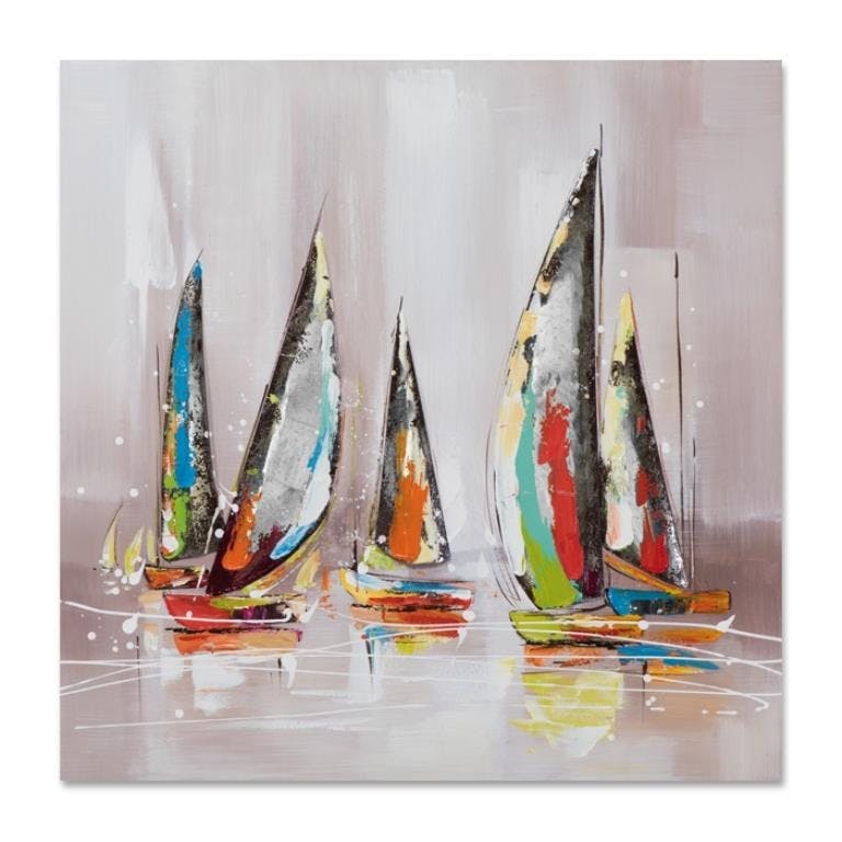MARINE 80x80 Peinture acrylique Paysage carré Beige avec éléments métal
