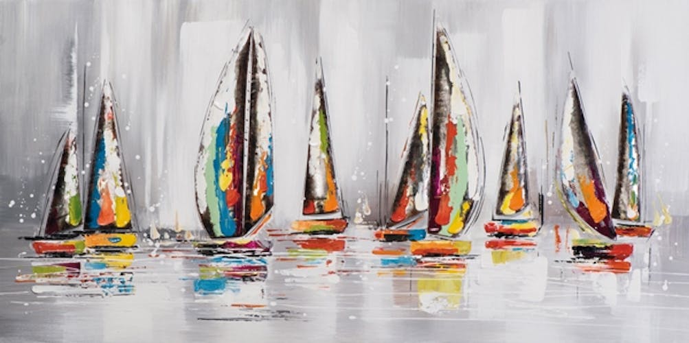 MARINE Tableau frégate multicolore panoramique 140x70 avec éléments métal