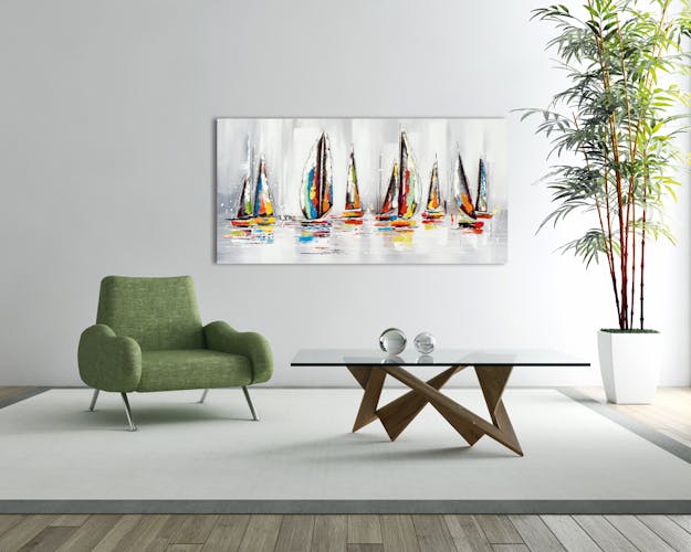 MARINE Tableau frégate multicolore panoramique 140x70 avec éléments métal
