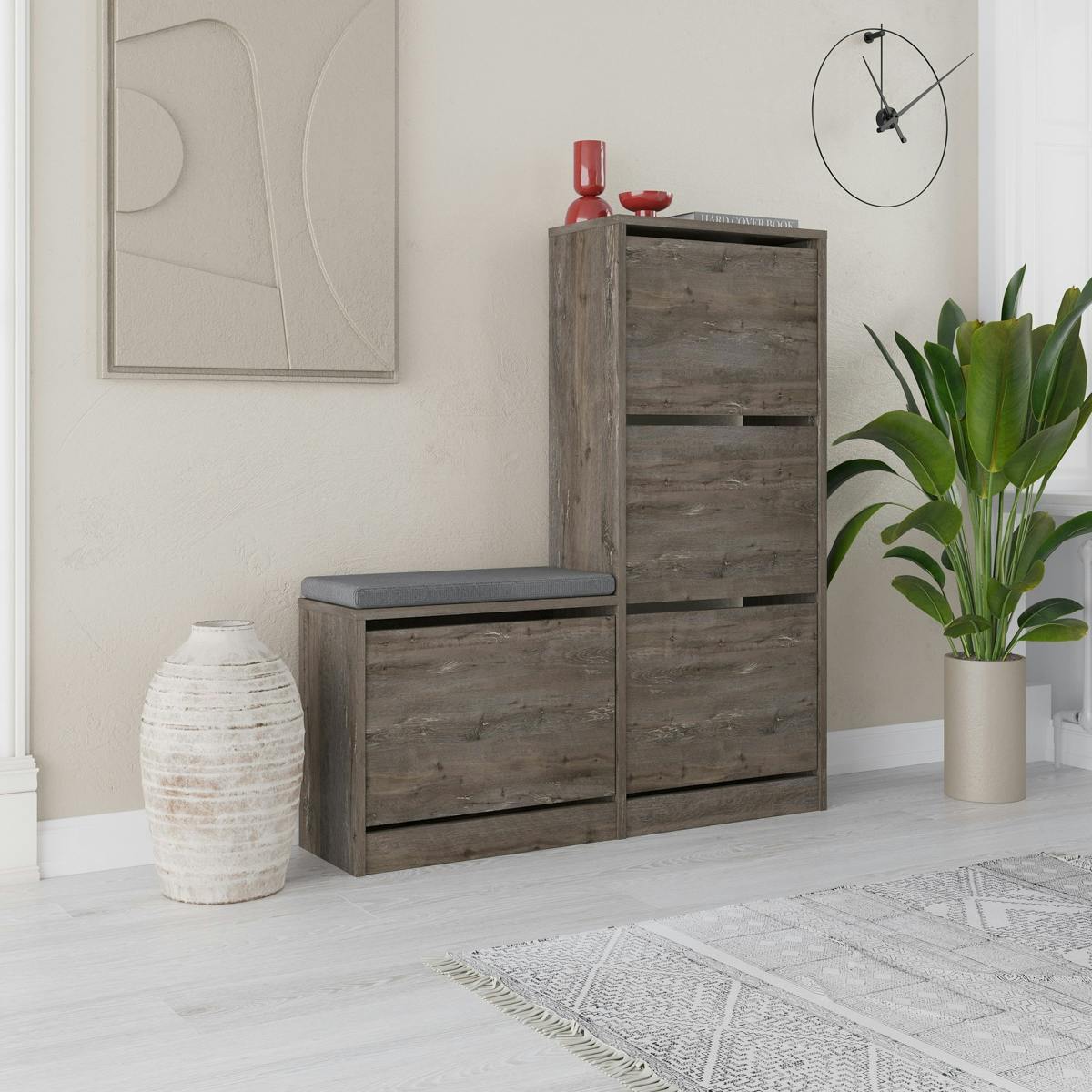 Meuble à chaussures 4 portes et banc décor brun foncé MARFA