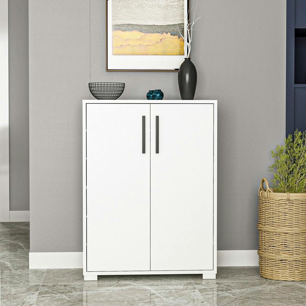 Meuble à chaussures blanc 2 portes poignées baguettes MARFA