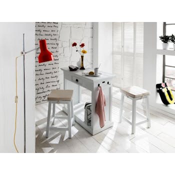 Meuble bar de cuisine blanc 1 tiroir 105x85cm et 2 tabourets avec coussins acajou ROYAN (le lot)