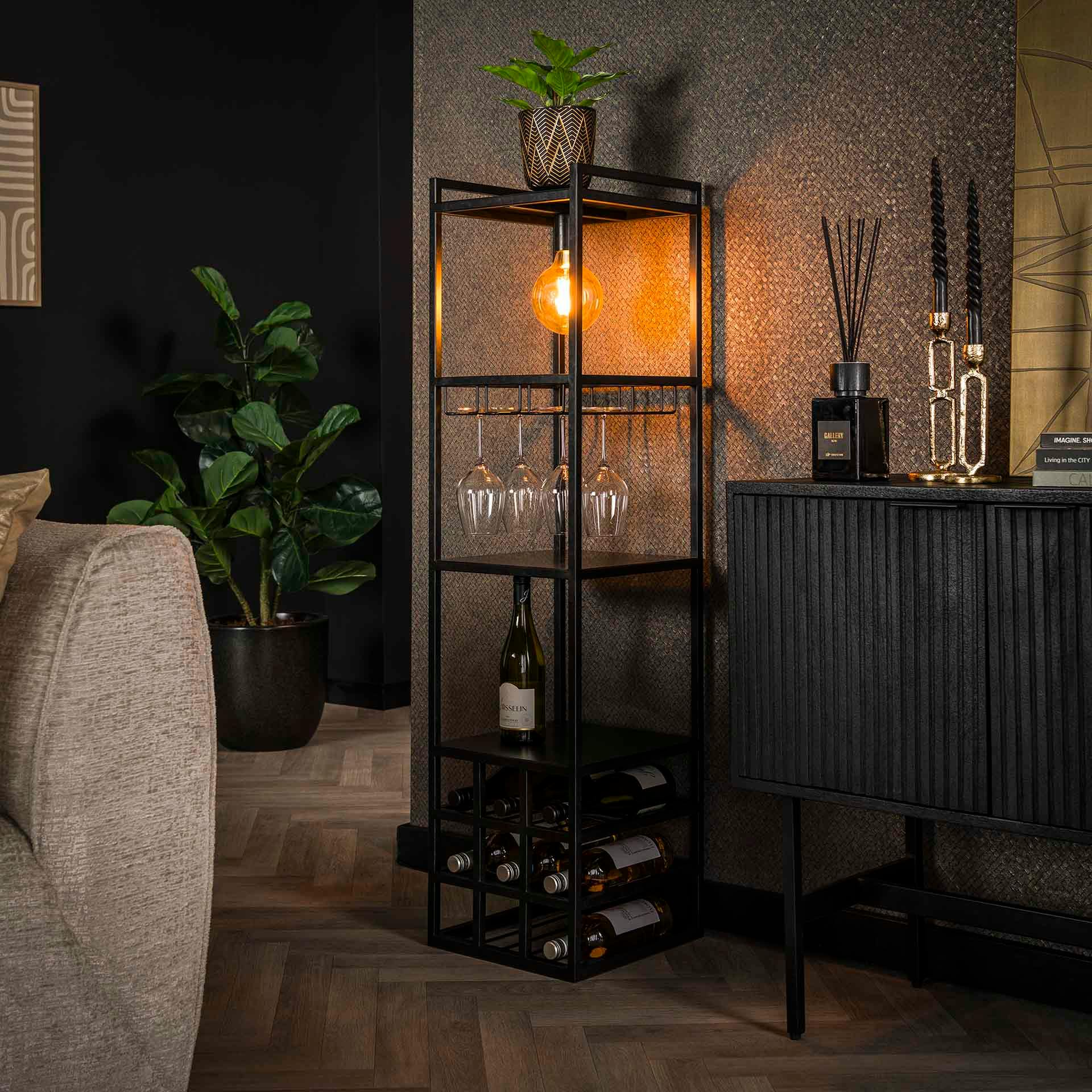 Meuble bar éclairé avec emplacement bouteilles et verres RALF