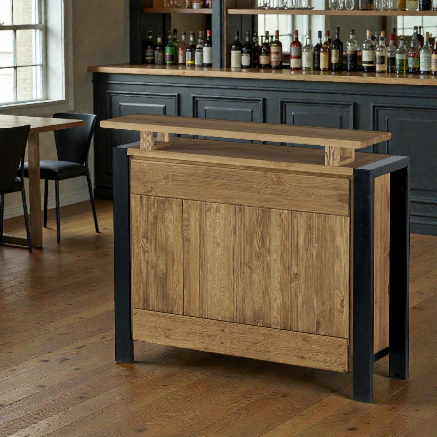 Meuble bar pin massif brossé 2 tiroirs 126cm LOUNDGE