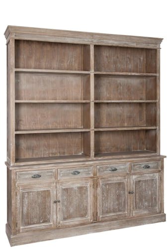 Meuble bibliothèque bois naturel patiné grisé blanchi 6 étageres 4 tiroirs 4 portes L190xP40xH226cm PAOLIA