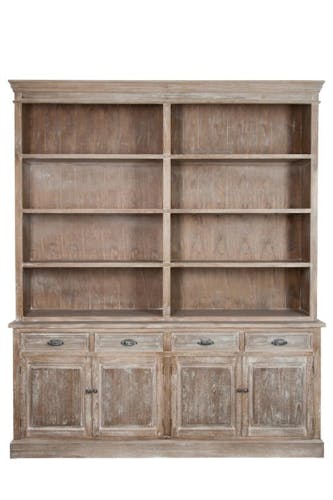 Meuble bibliothèque bois naturel patiné grisé blanchi 6 étageres 4 tiroirs 4 portes L190xP40xH226cm PAOLIA
