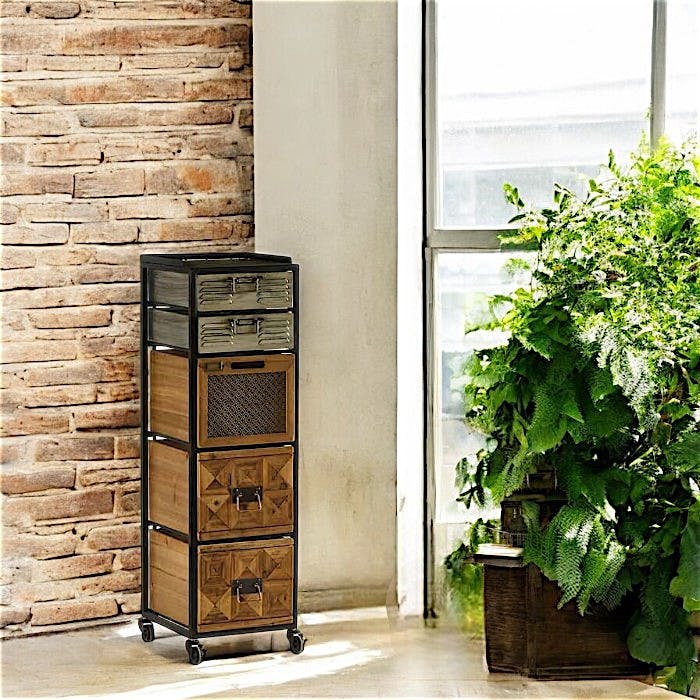Meuble colonne vintage sur roulettes 5 tiroirs LAMPHUN
