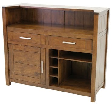  Meuble de Bar Hévéa 1 porte, 2 tiroirs, 4 racks, 2 niches 124x50x105cm ATTAN