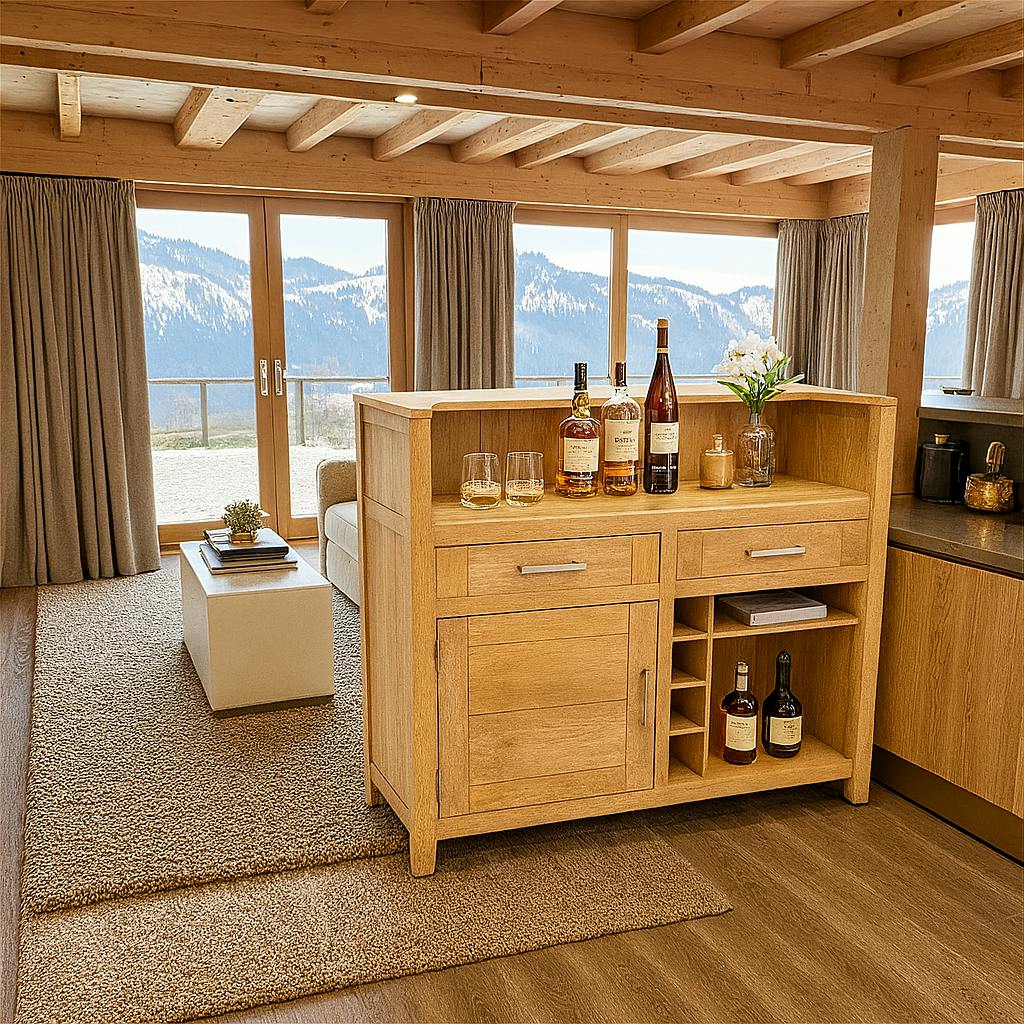 Meuble de Bar Hévéa 1 porte, 2 tiroirs, 4 racks, 2 niches 124x50x105cm ATTAN