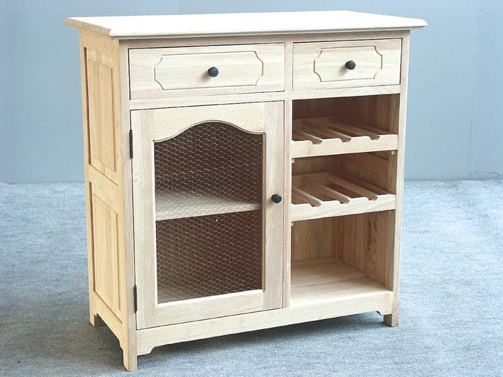 Meuble de cuisine Hévéa 2 tiroirs, 1 porte grillagée, 1 niche, 2 racks à bouteilles 84x43x84cm TRADITION