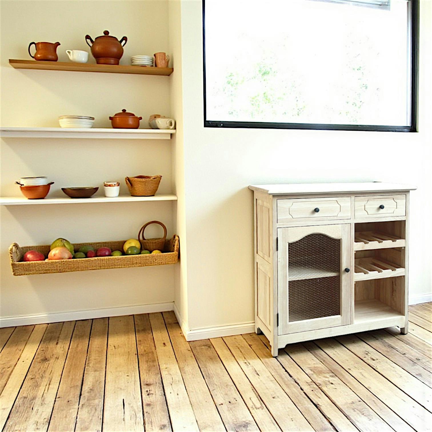 Meuble de cuisine Hévéa 2 tiroirs, 1 porte grillagée, 1 niche, 2 racks à bouteilles 84x43x84cm TRADITION
