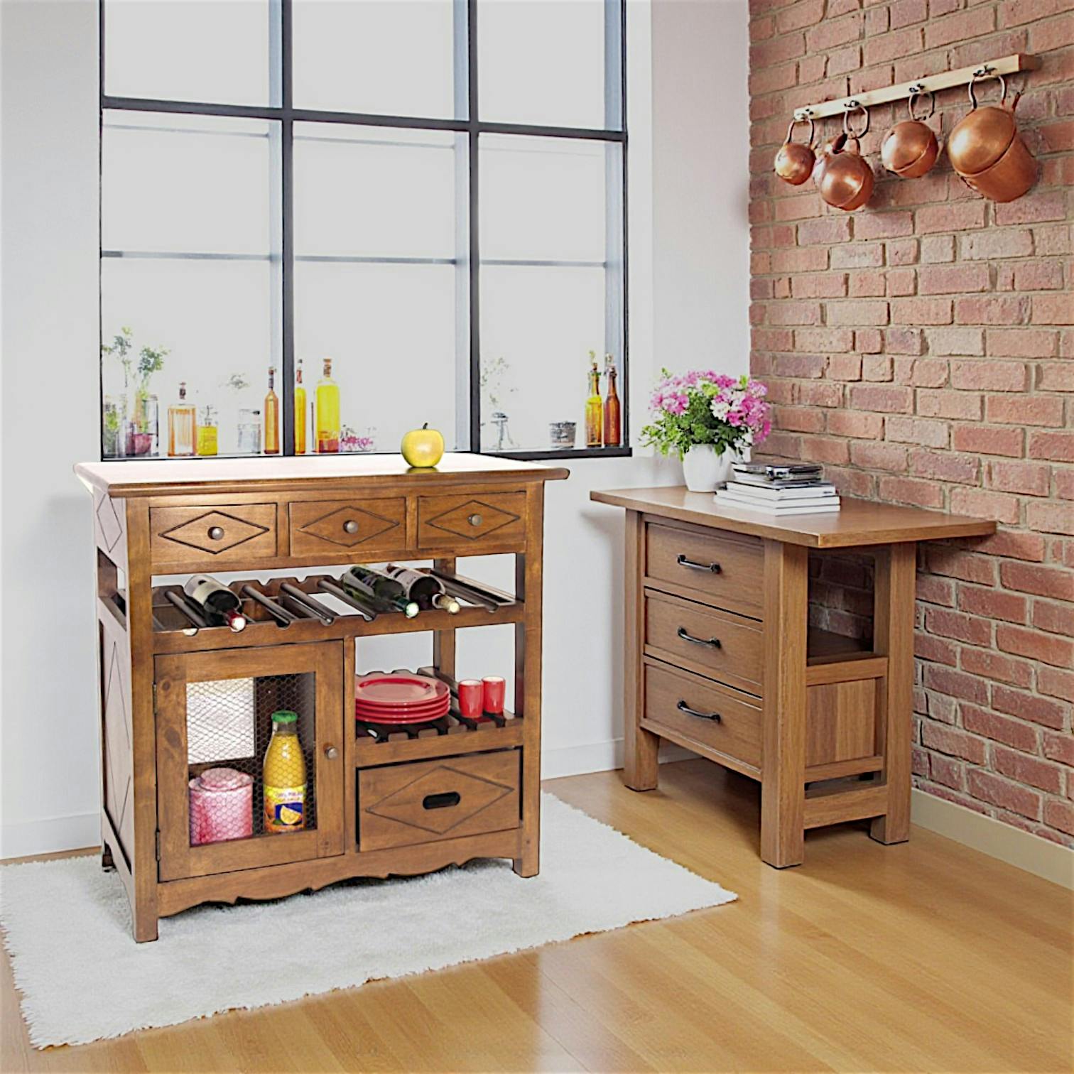Meuble de cuisine Hévéa 4 tiroirs, 1 porte grillagée, 1 étagère, 1 rack à bouteilles 88,2x50x84cm TRADITION