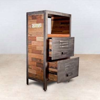 Meuble de rangement bois recyclé 1 niche et 2 tiroirs métal 60x40x110cm CARAVELLE