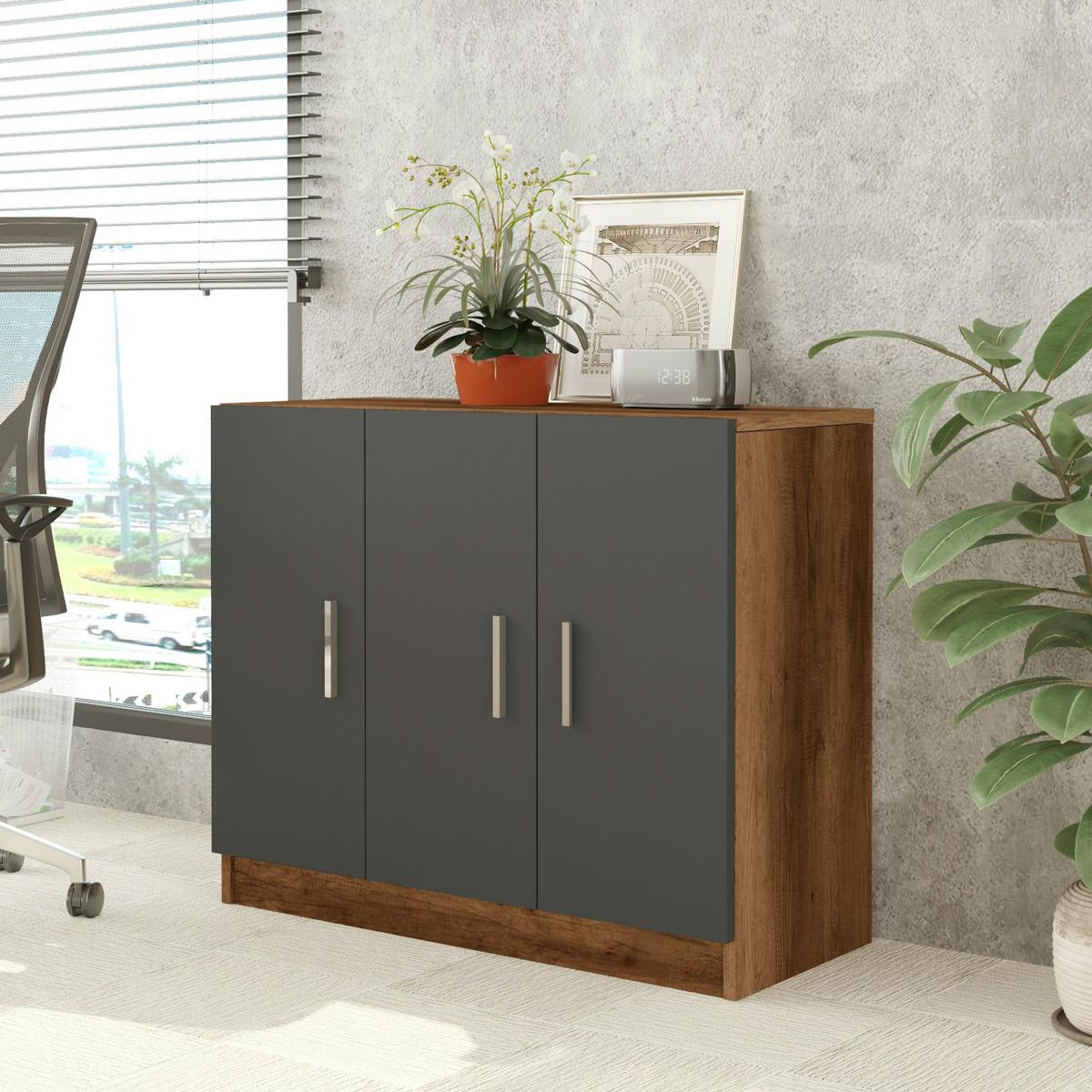 Meuble de rangement bureau 3 portes anthracite MARFA