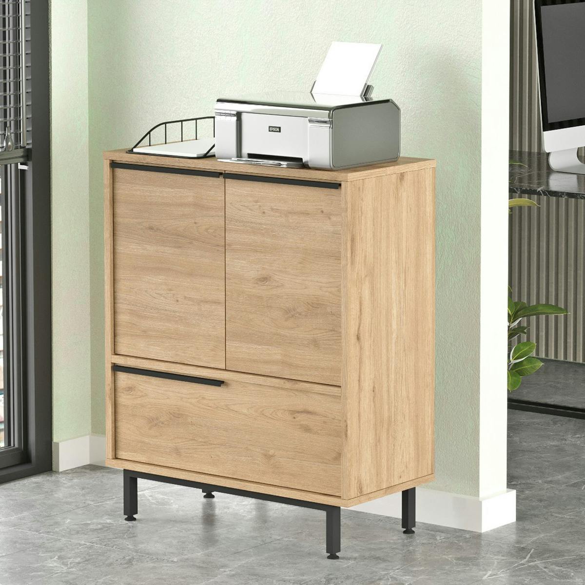 Meuble de rangement bureau 3 portes décor bois JENA