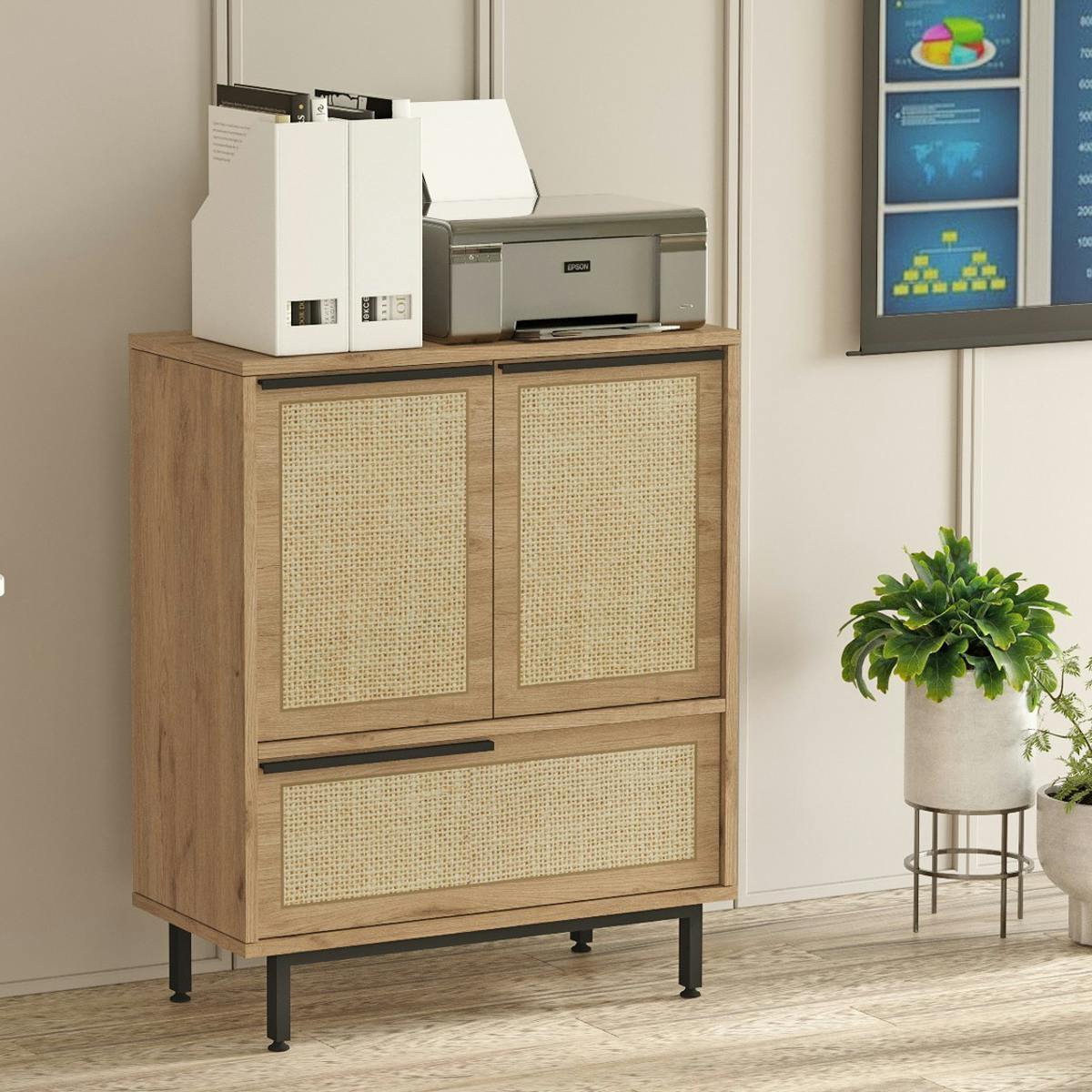 Meuble de rangement bureau 3 portes décor cannage JENA