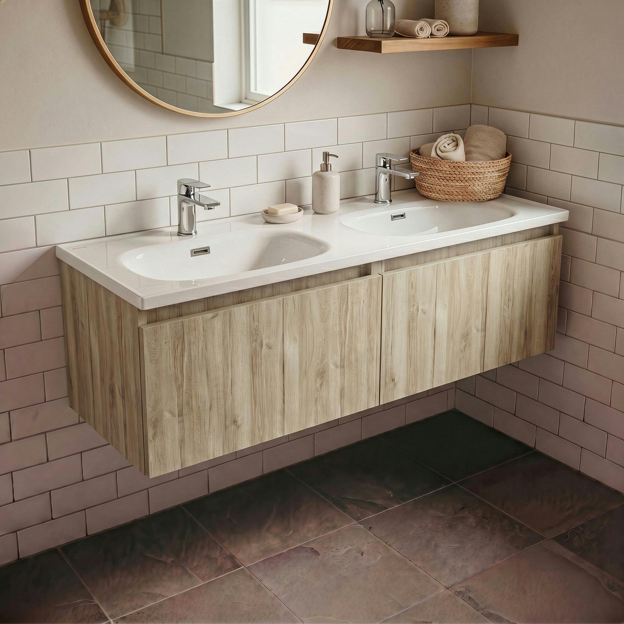 Meuble double vasque suspendu décor bois clair 2 tiroirs SELIA