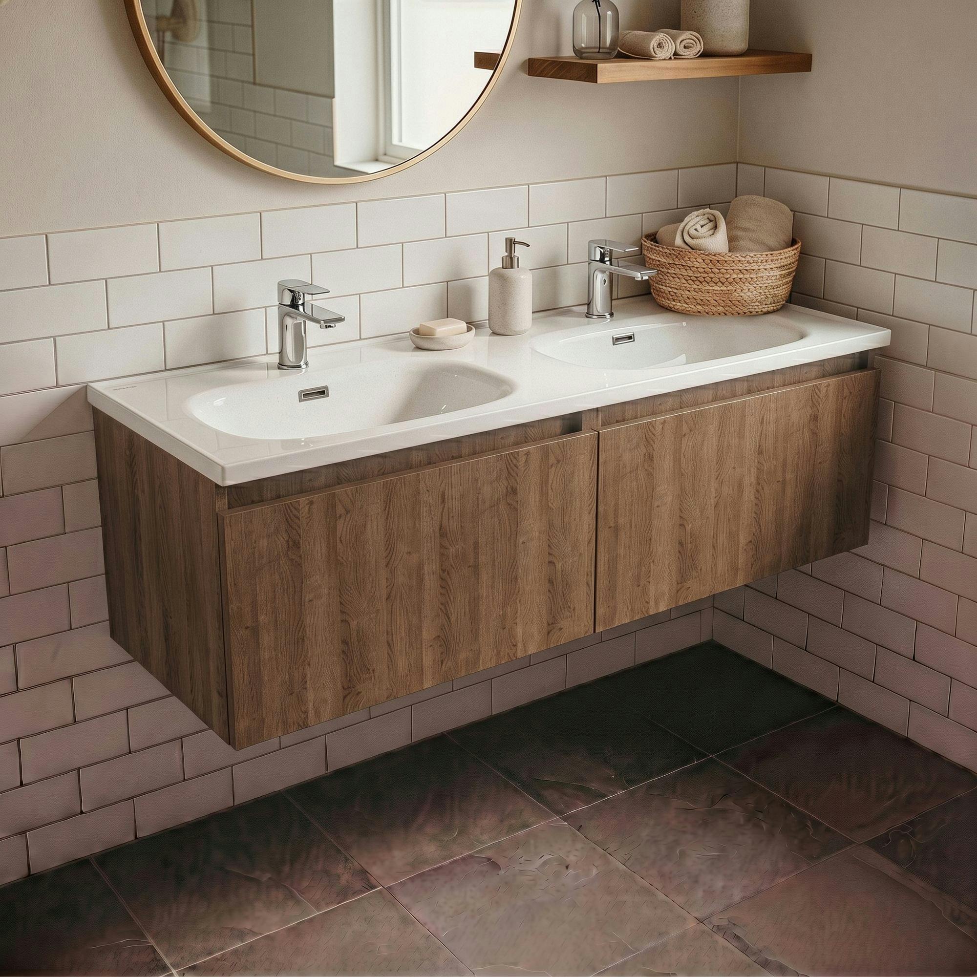 Meuble double vasque suspendu décor bois foncé 2 tiroirs SELIA