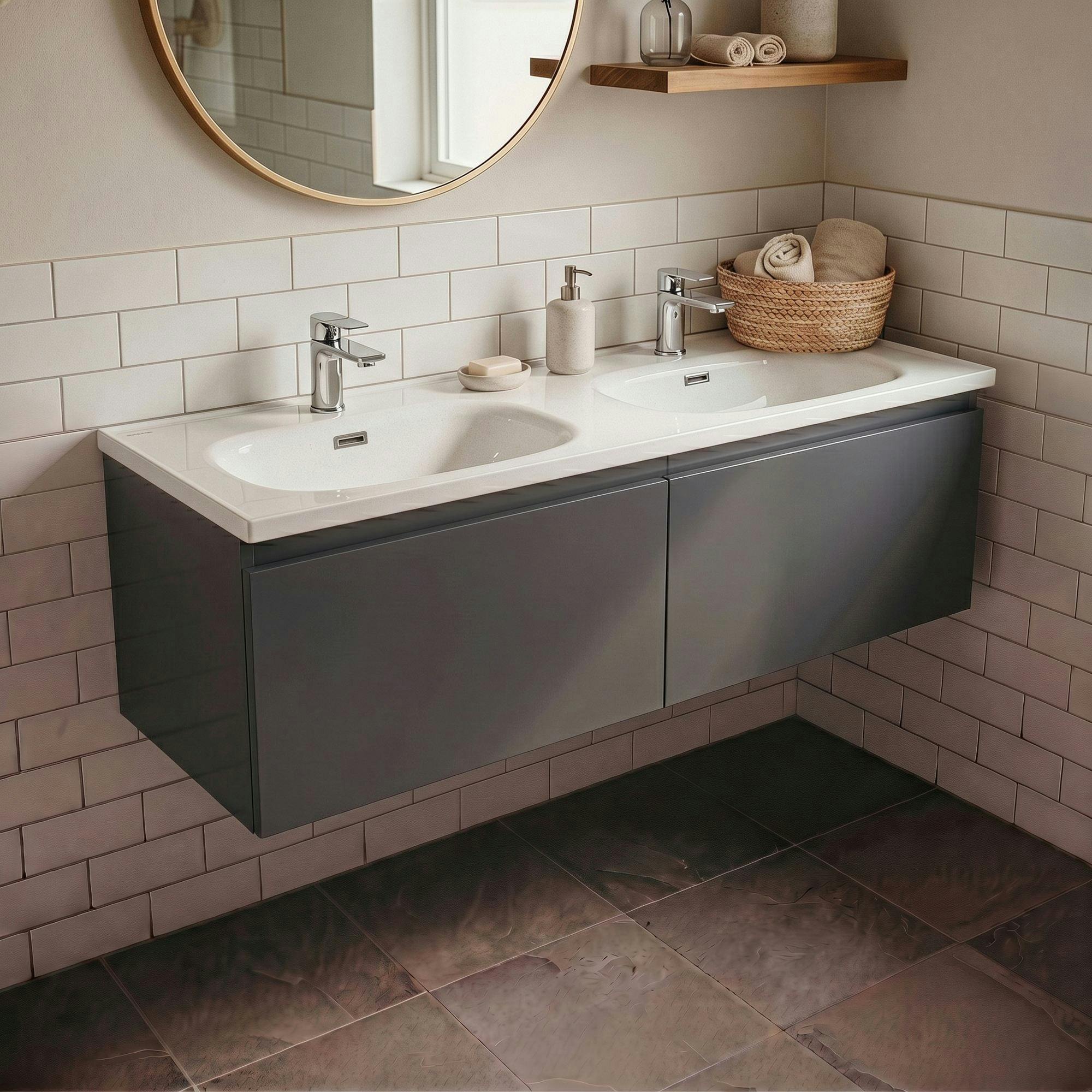 Meuble double vasque suspendu gris foncé 2 tiroirs SELIA