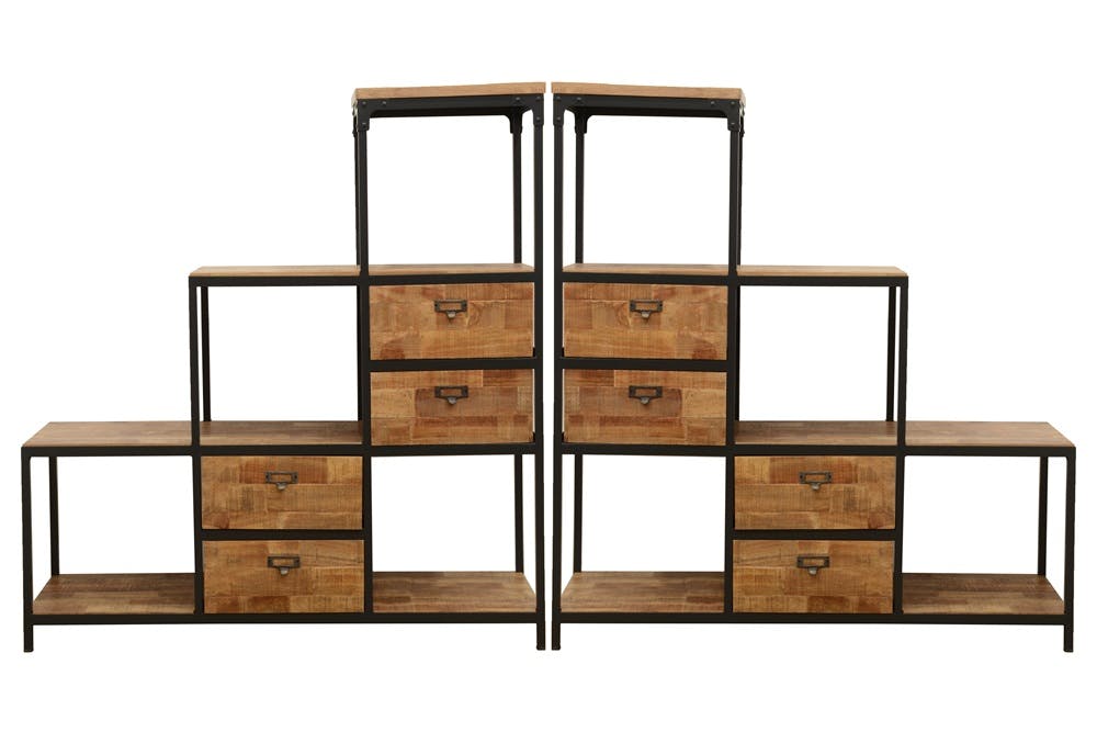 Meuble Escalier Double Faces 4 tiroirs, 4 niches cubes ouvertes en Hévéa recyclé naturel et métal 120x40x128cm LOFT