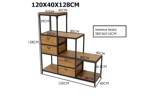 Meuble Escalier Double Faces 4 tiroirs, 4 niches cubes ouvertes en Hévéa recyclé naturel et métal 120x40x128cm LOFT