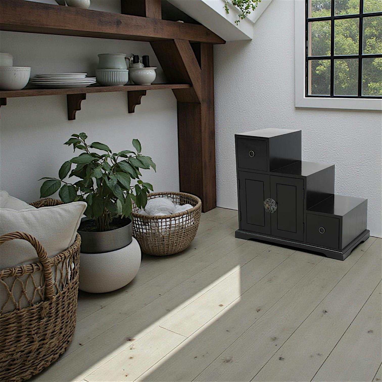 Meuble étagère escalier double face hévéa L67xP38xH60cm MAORI
