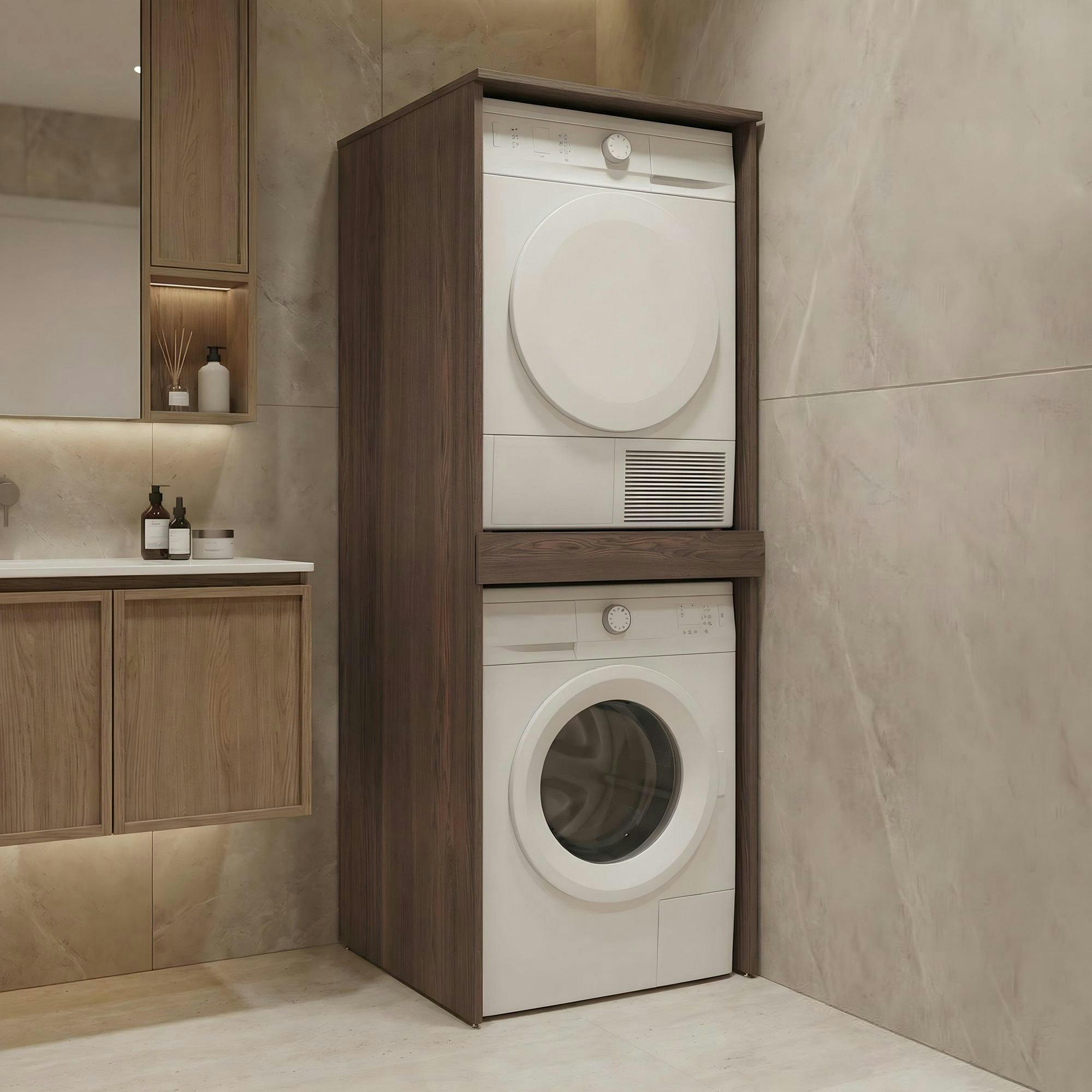 Meuble machine à laver et sèche-linge décor bois foncé NIX