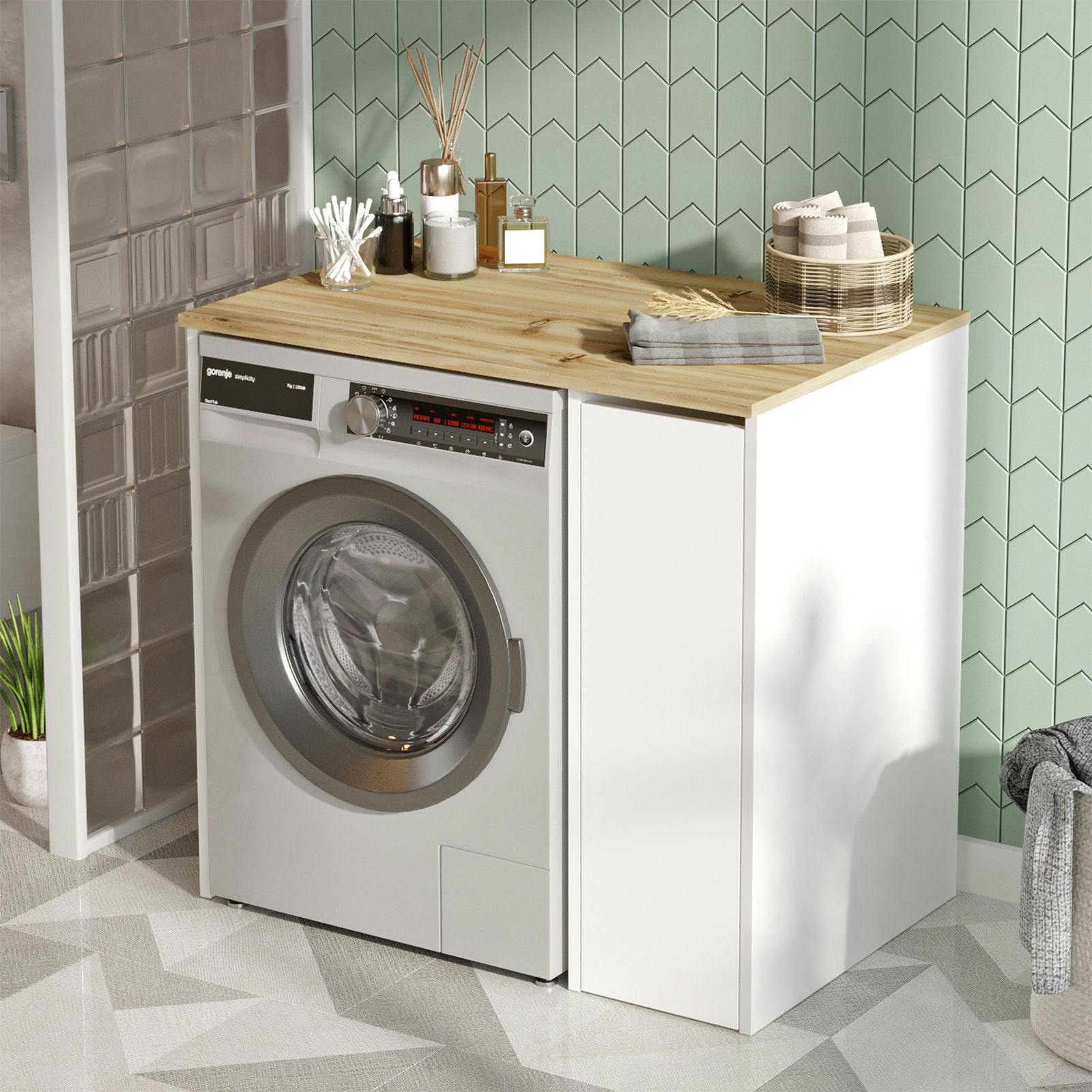 Meuble pour lave-linge 1 tiroir, blanc & bois clair MARFA