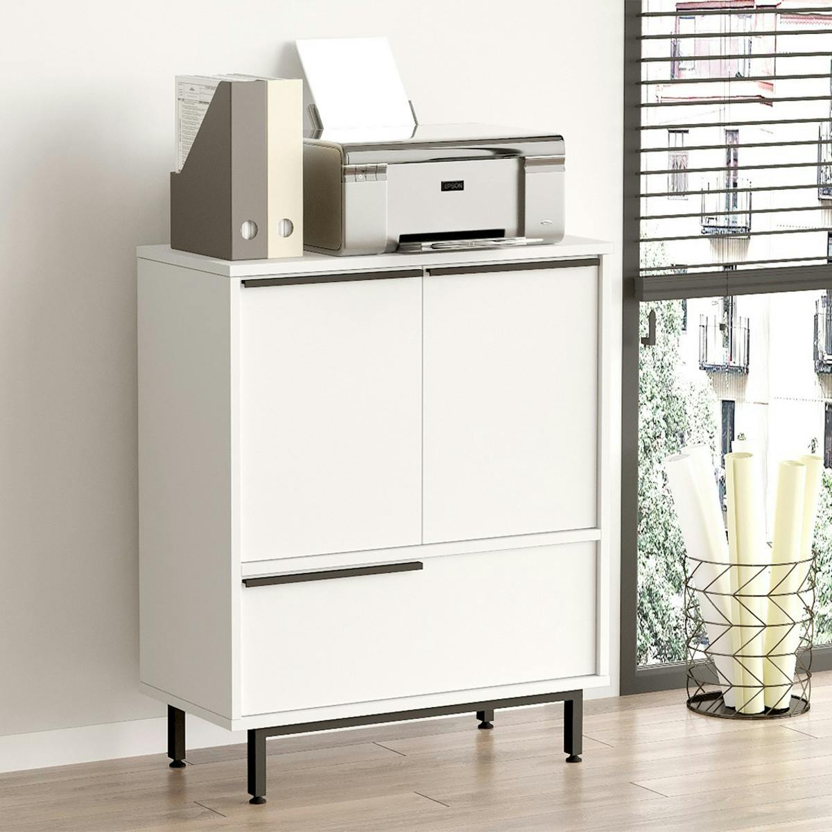 Meuble rangement bureau blanc 3 portes poignées noires JENA