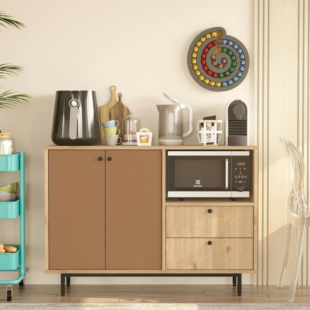 Meuble rangement cuisine 2 portes brun chaud 2 tiroirs JENA