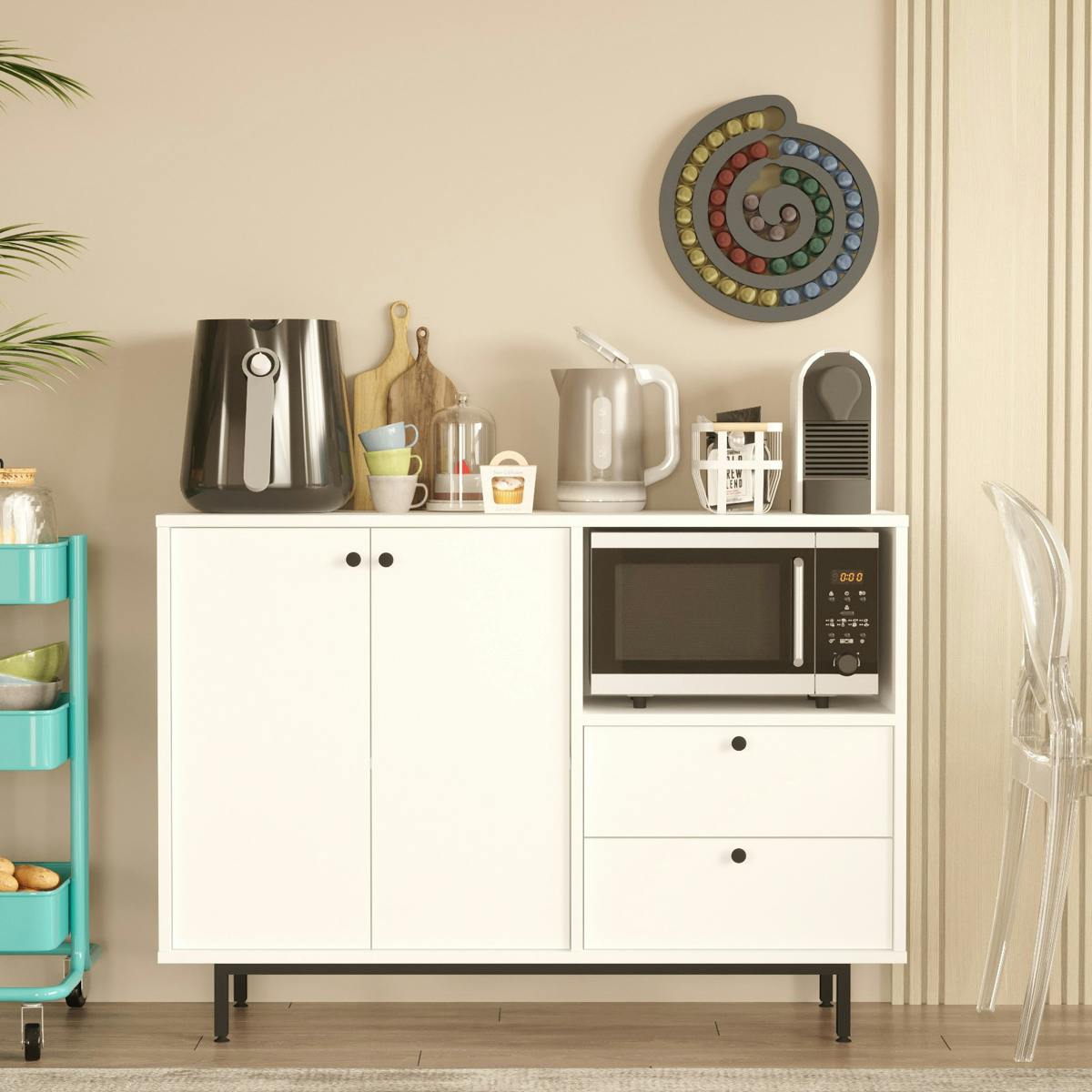 Meuble rangement cuisine blanc 2 portes 2 tiroirs JENA