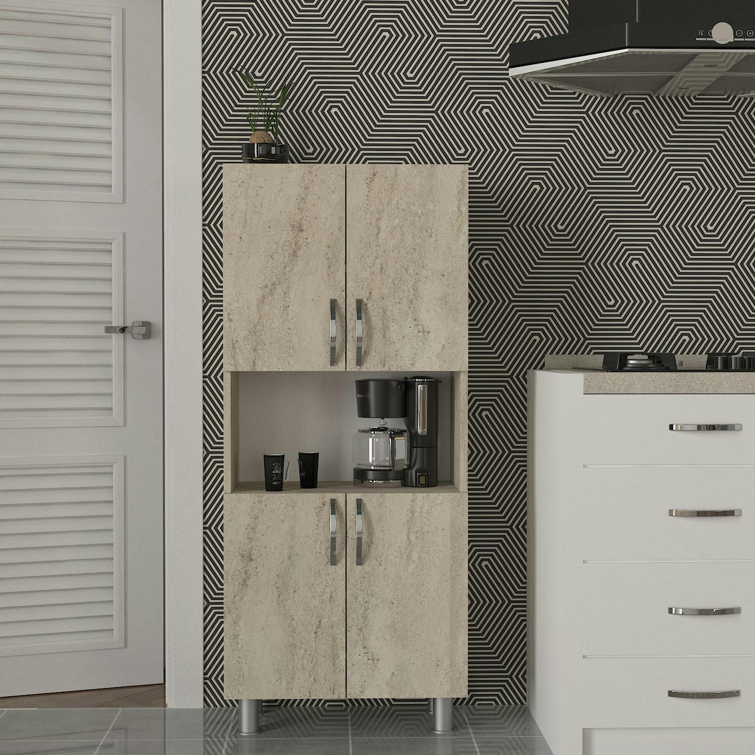Meuble salle de bains effet travertin, 4 portes 1 niche JENA