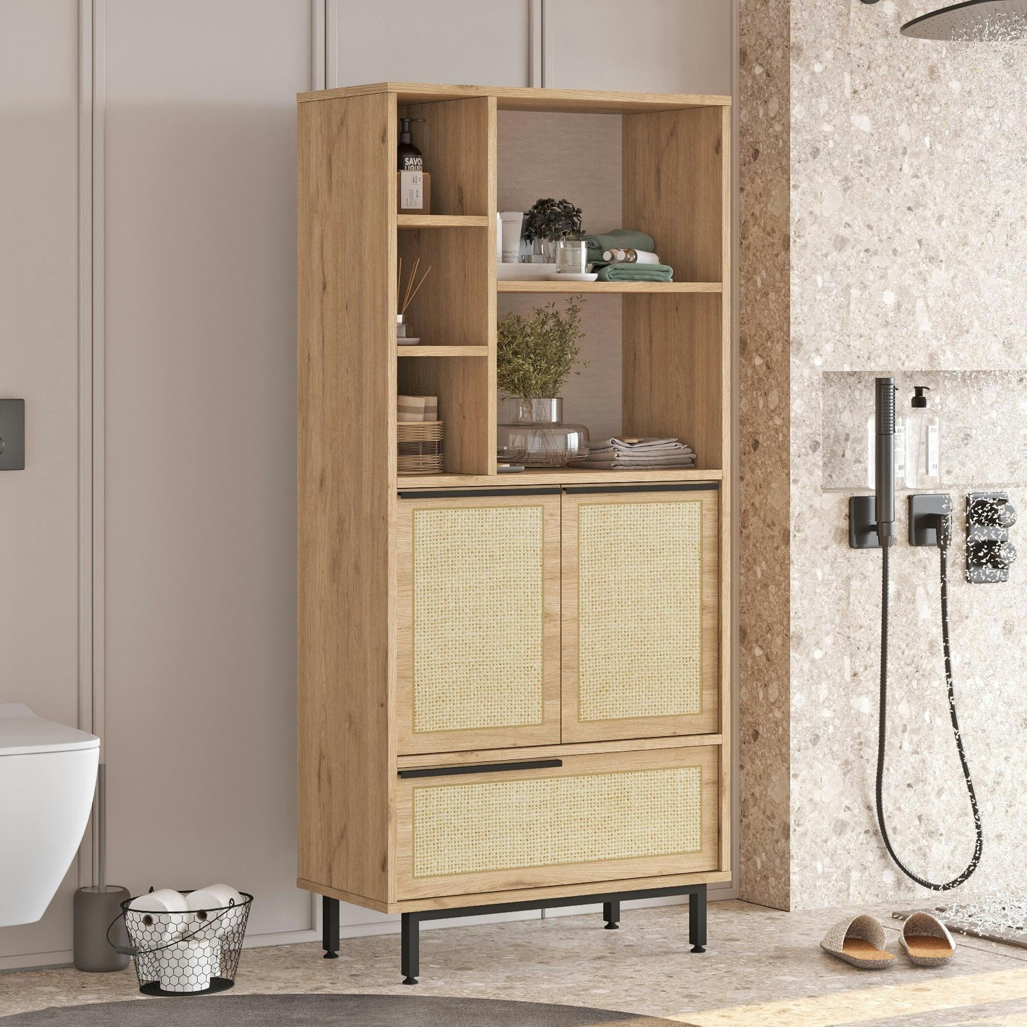 Meuble salle de bains haut avec cannage & effet bois JENA