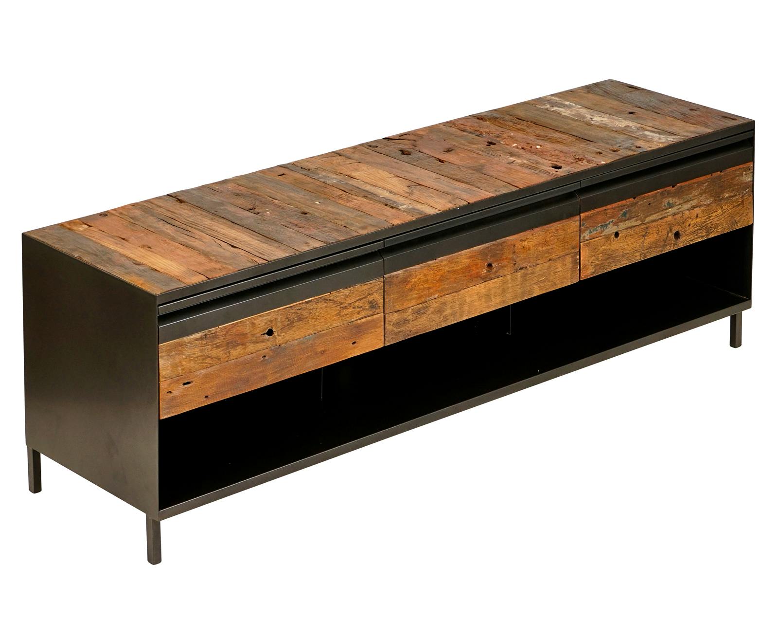 Meuble TV en bois recycle et metal de style industriel