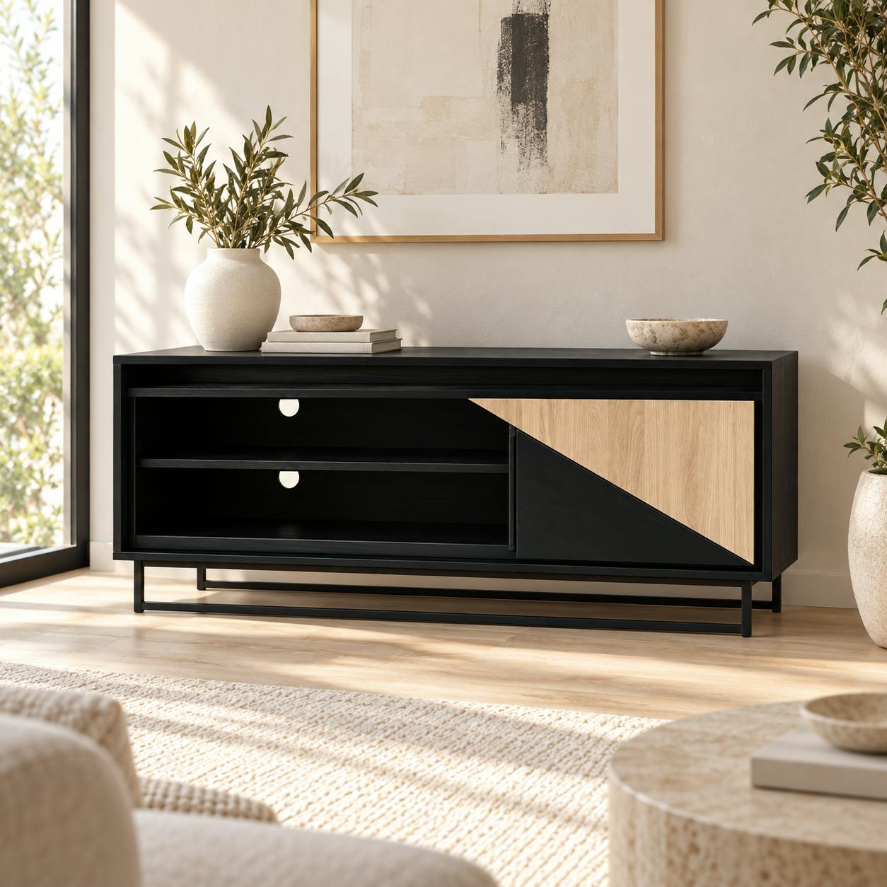 Meuble TV 1 porte bois noir et blanc ANINA