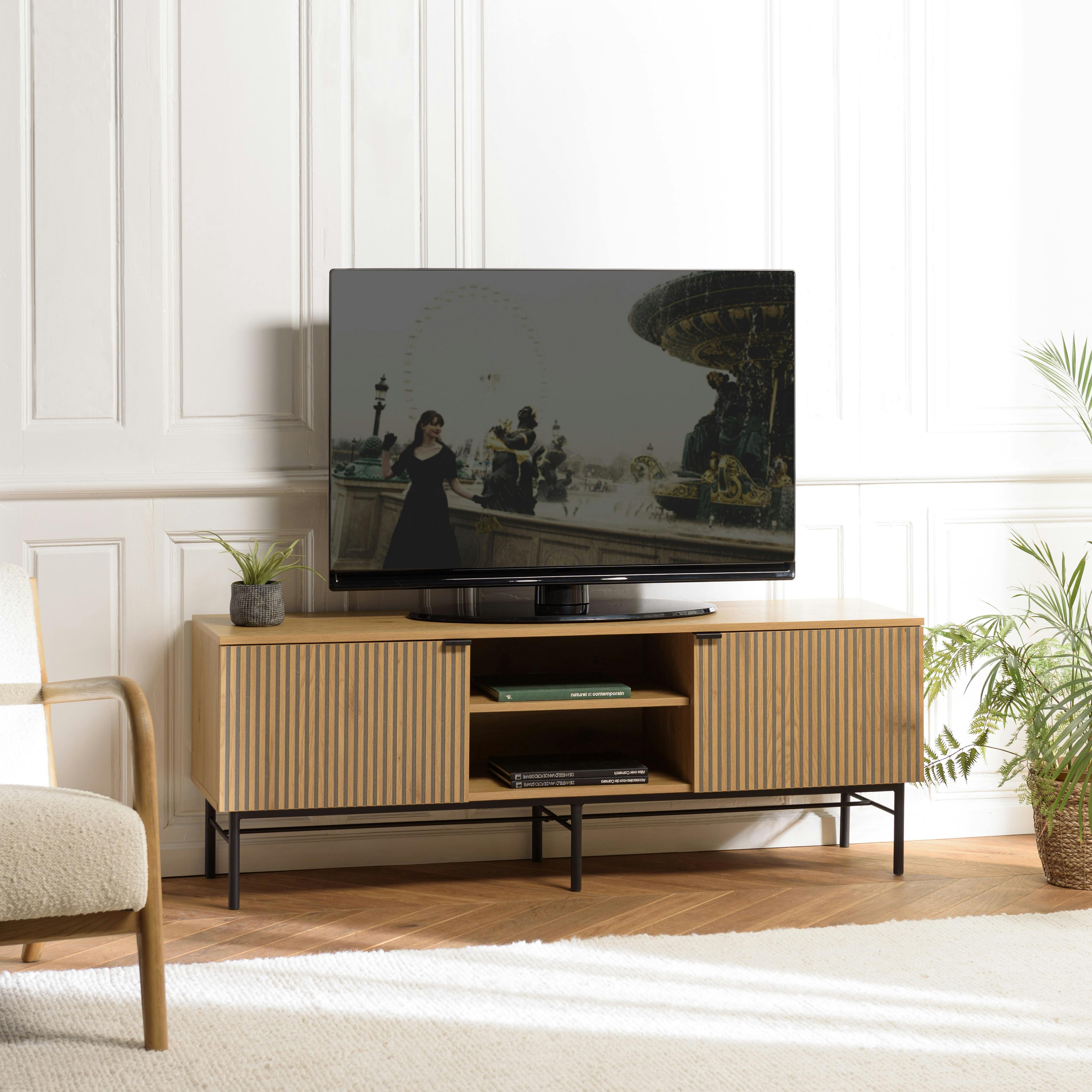 Meuble TV 2 portes 2 niches décor effet bois rainuré noir/naturel OLETTA