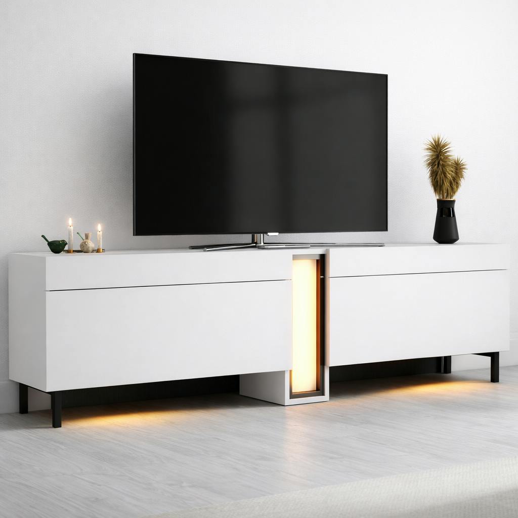 Meuble TV 2 portes blanc colonne LED à télécommande AURA
