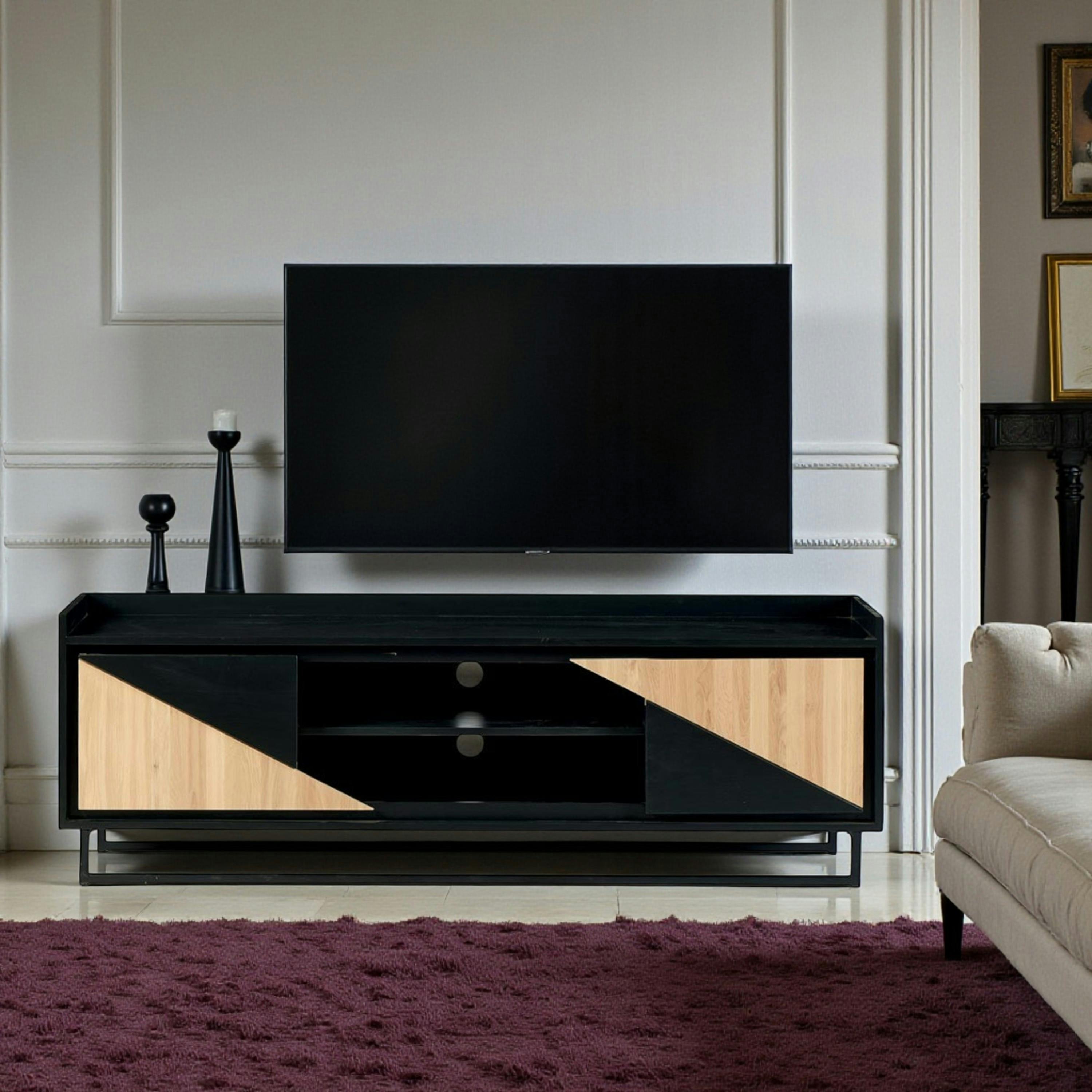 Meuble TV 2 portes bois noir et blanc ANINA