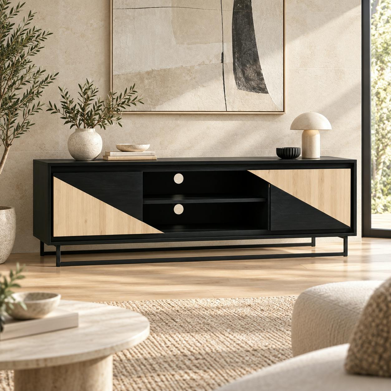 Meuble TV 2 portes bois noir et blanc ANINA
