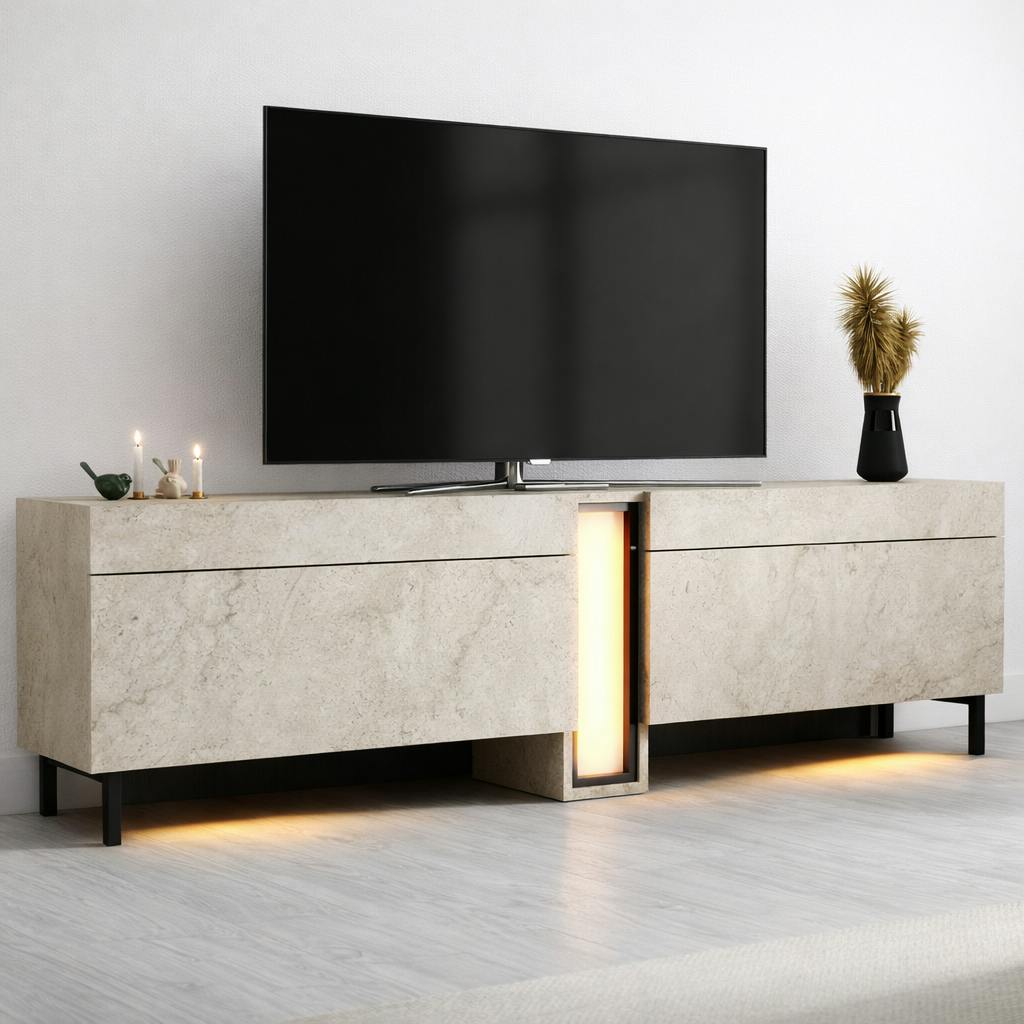Meuble TV 2 portes décor travertin à colonne LED AURA