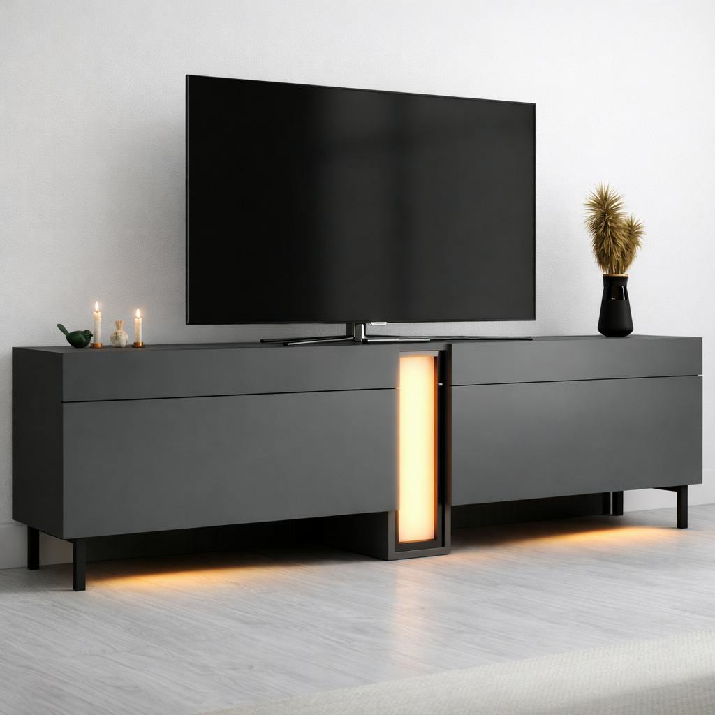 Meuble TV 2 portes gris foncé colonne LED télécommande AURA