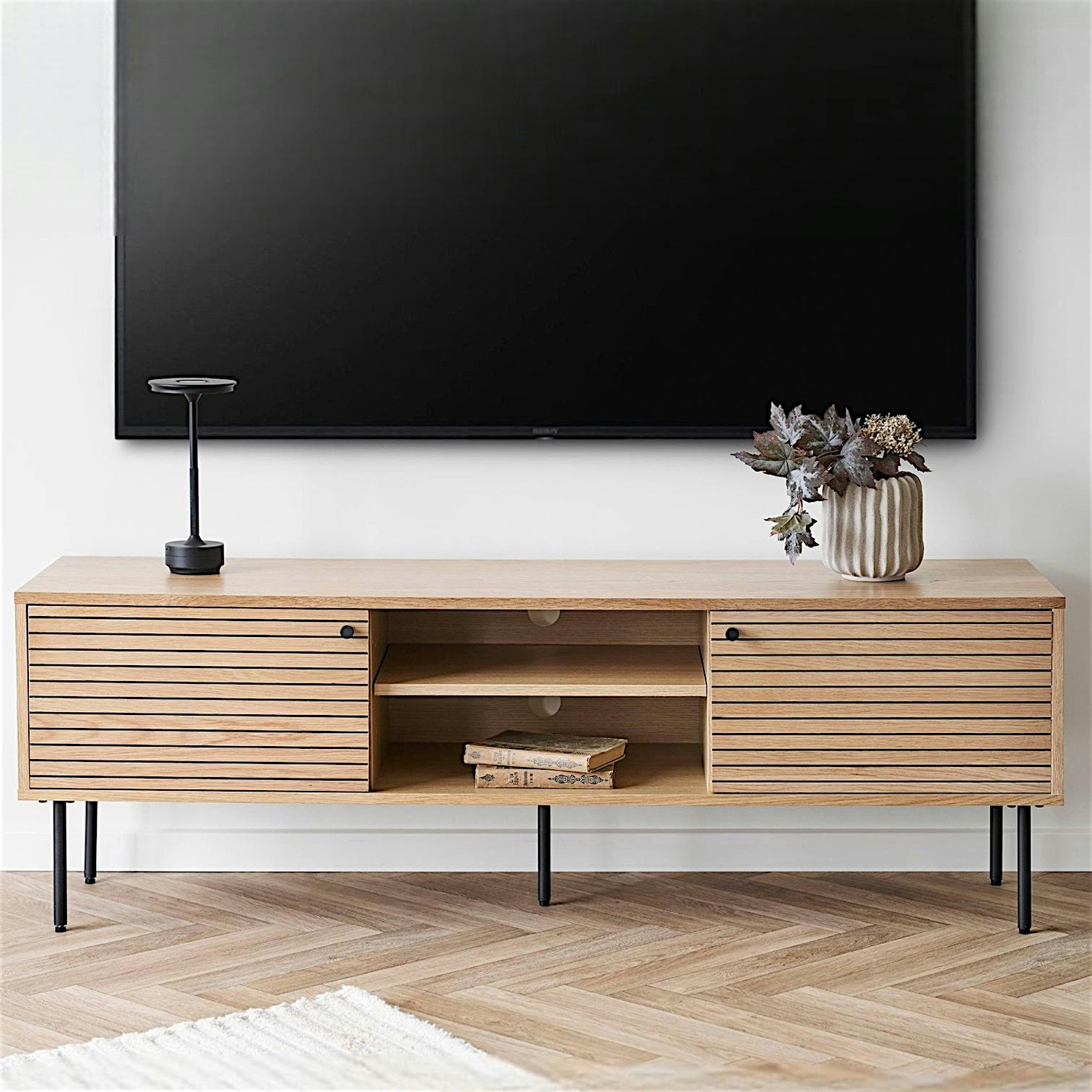 Meuble TV 2 portes effet rainuré décor clair ASSENS