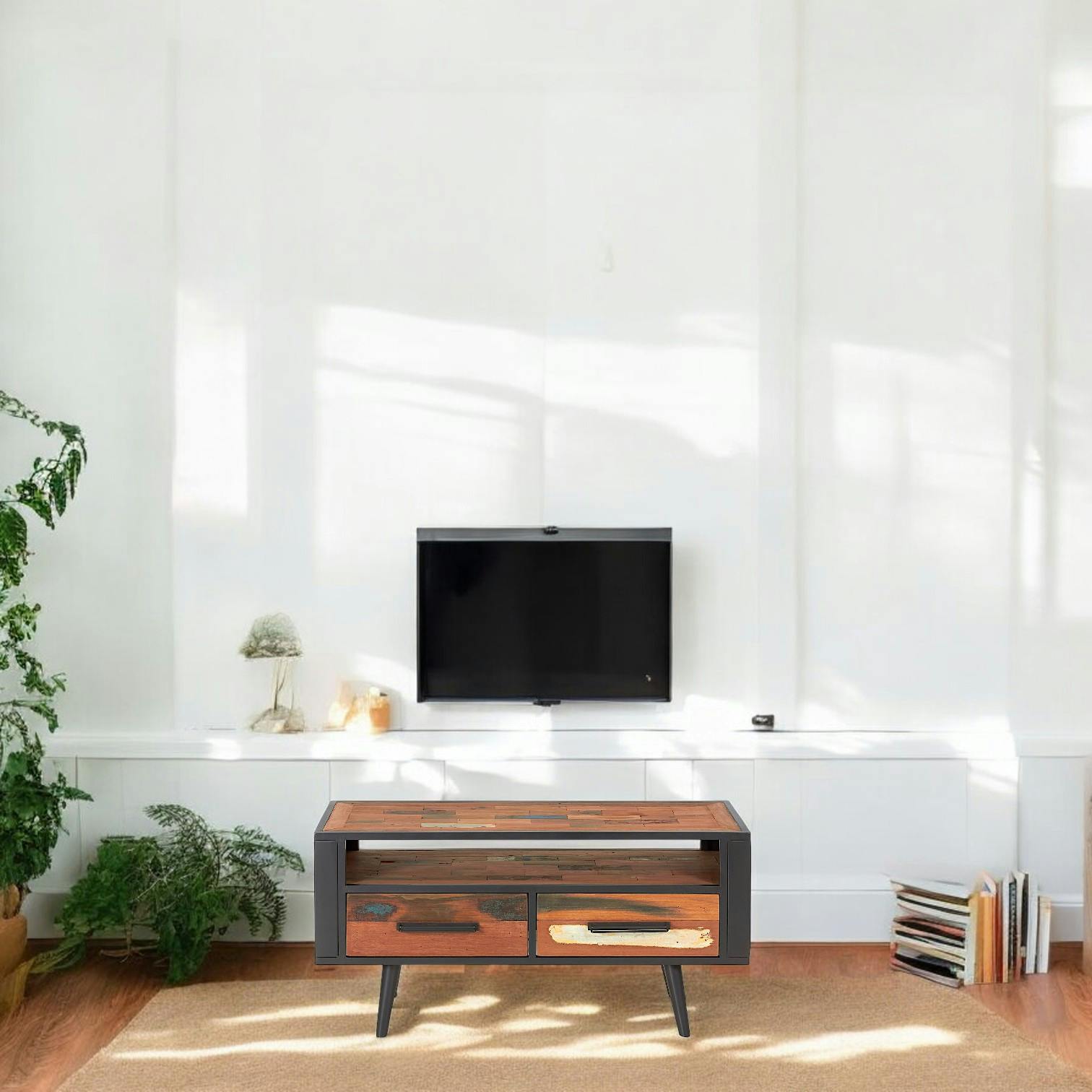 Meuble TV en bois recycle et metal de style industriel