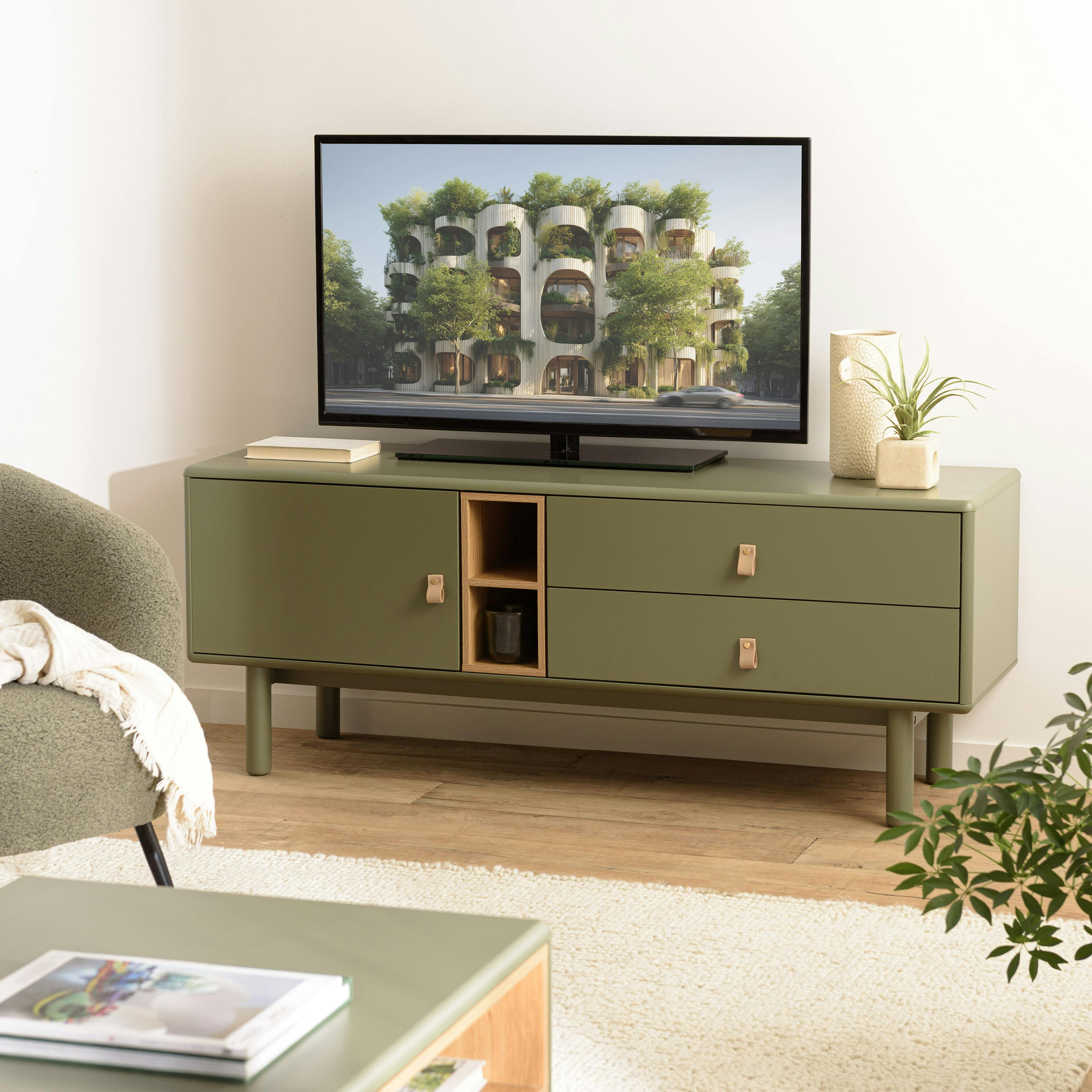 Meuble TV 2 tiroirs 1 porte bois vert nature GUILIN