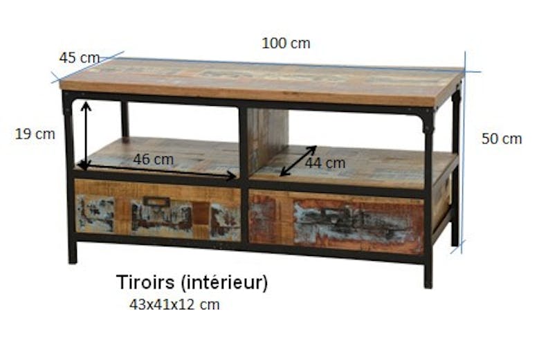Meuble TV 2 tiroirs, 2 niches ouvertes en Hévéa recyclé coloré et métal 100x45x50cm LOFT COLORS