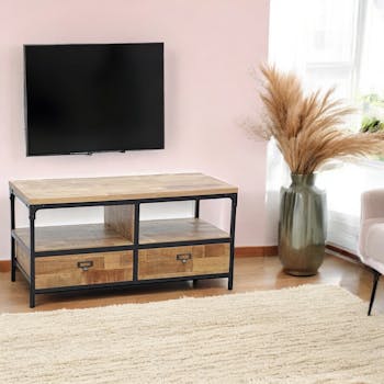 Meuble TV 2 tiroirs, 2 niches ouvertes en Hévéa recyclé naturel et métal 100x45x50cm LOFT