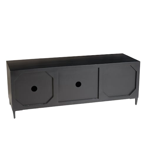 Meuble TV 2 tiroirs 2 portes motifs sculptés bois noir SURATE