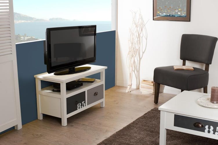 Meuble TV en bois blanc et gris style bord de mer