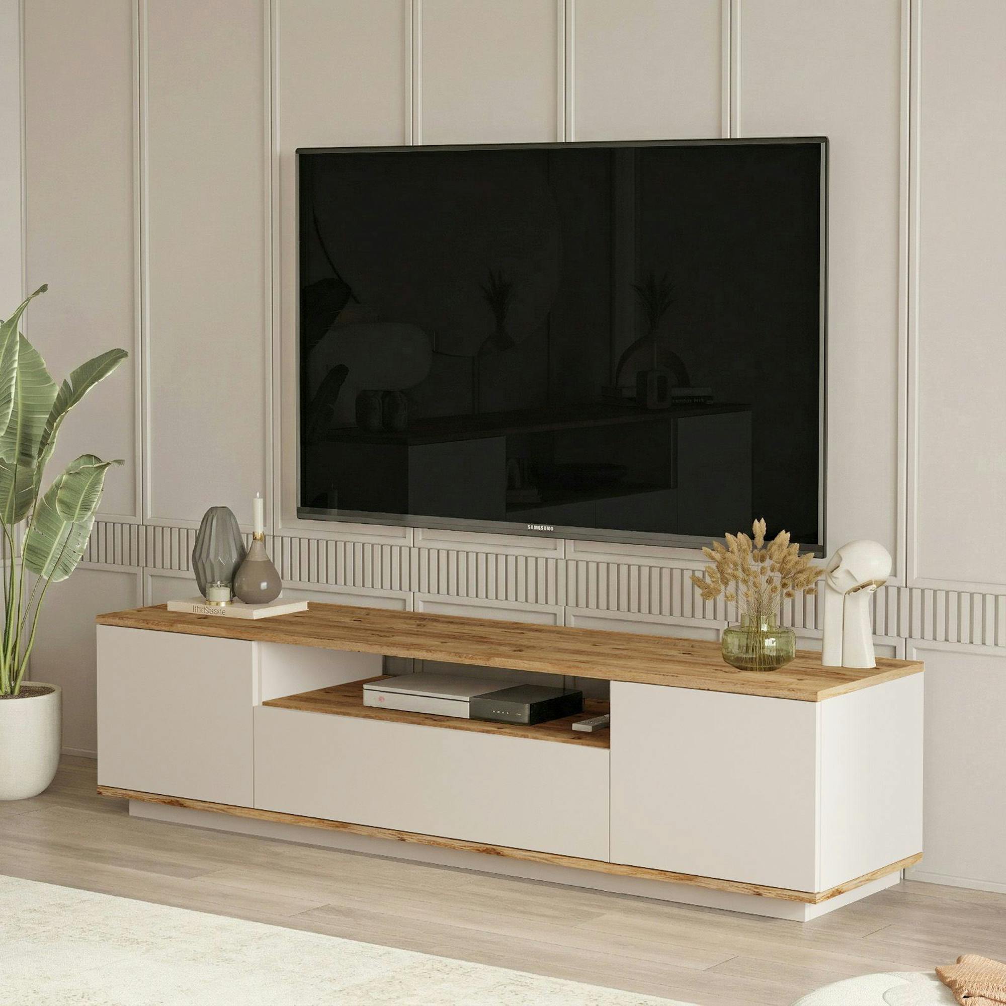 Meuble TV 3 portes 1 niche décor pin et beige MARFA