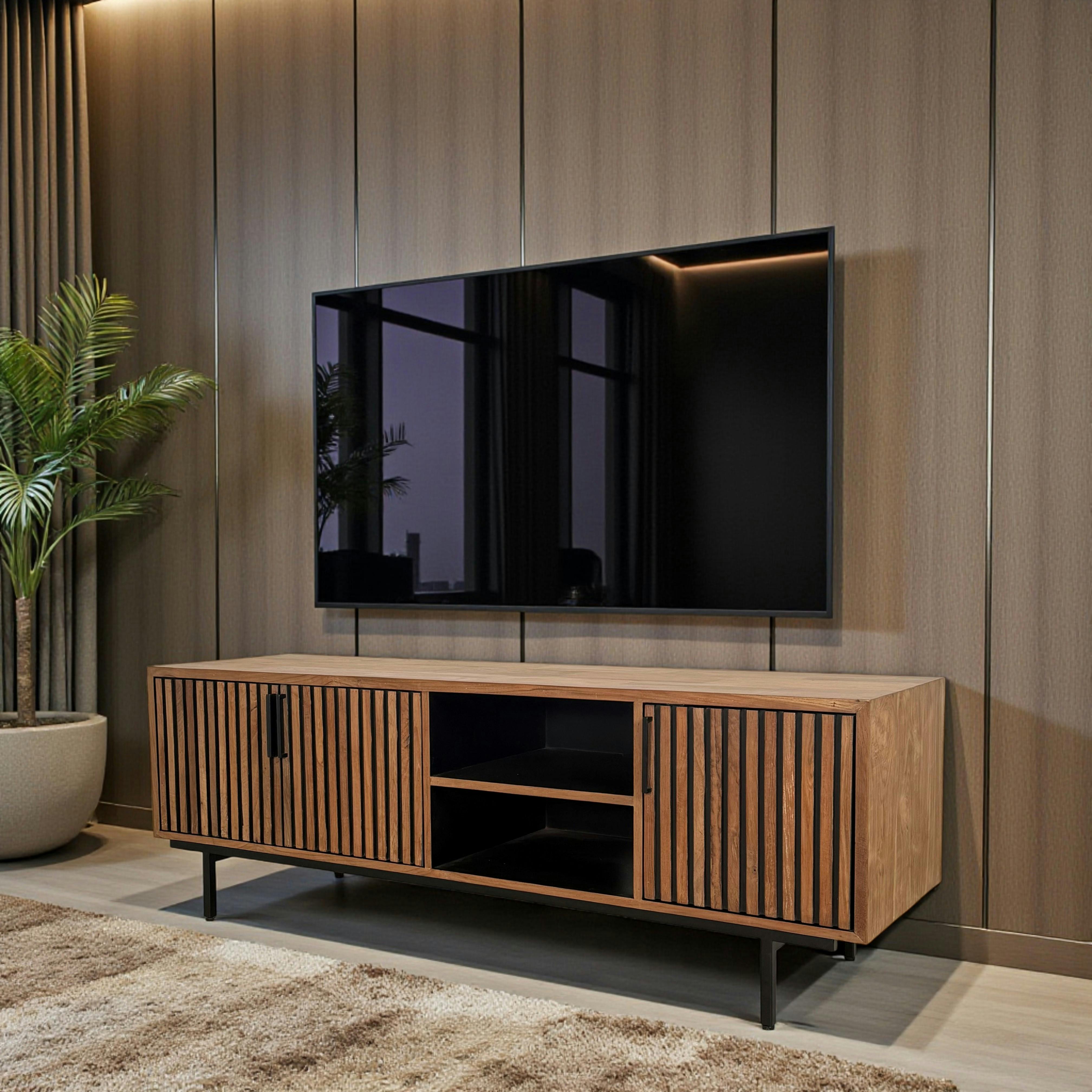 Meuble TV 3 portes 2 niches teck recyclé FANO